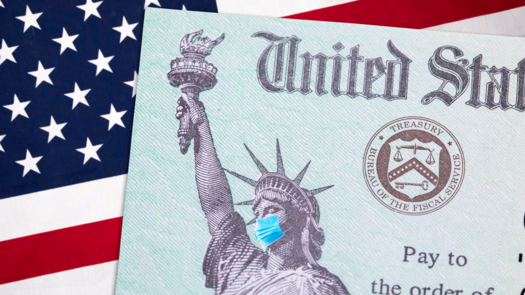 stimulus check flag statue of liberty with mask